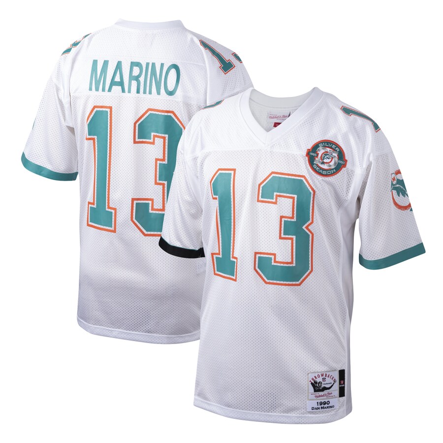 Custom Men Mitchell Ness Dan Marino White Miami Dolphins 1990 Authentic Throwback Retired Player NFL Jersey->customized nfl jersey->Custom Jersey